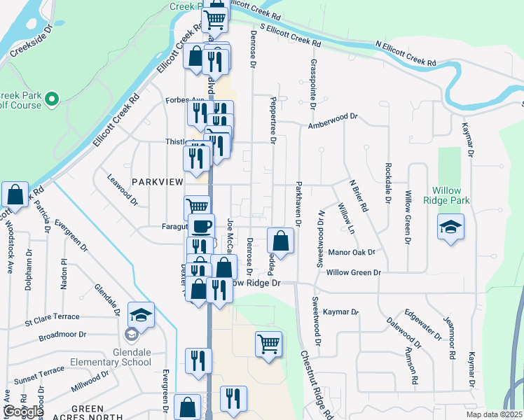 map of restaurants, bars, coffee shops, grocery stores, and more near 101-147 Denrose Drive in Buffalo