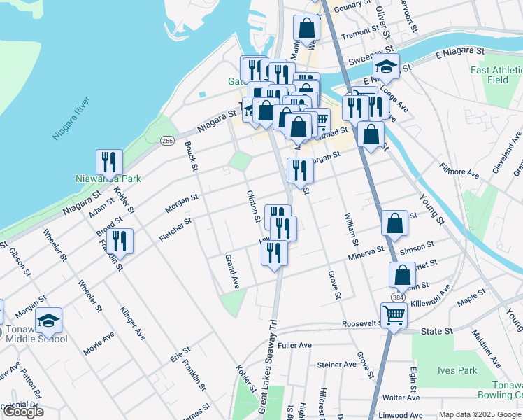 map of restaurants, bars, coffee shops, grocery stores, and more near 34 Johnson Street in Tonawanda