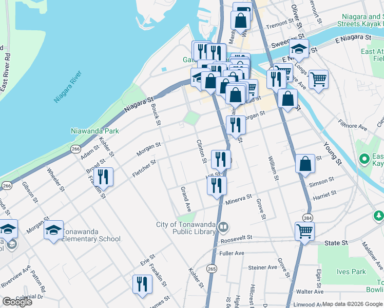 map of restaurants, bars, coffee shops, grocery stores, and more near 124 Clinton Street in Tonawanda