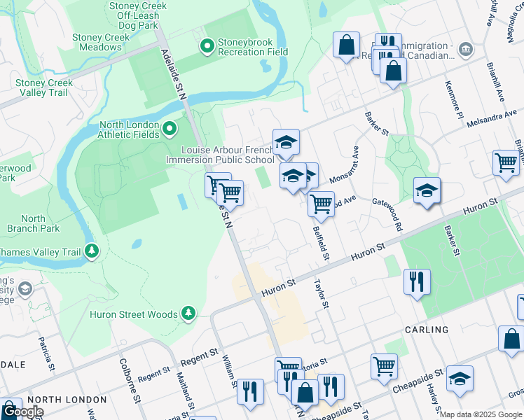 map of restaurants, bars, coffee shops, grocery stores, and more near 1170 Adelaide Street North in London