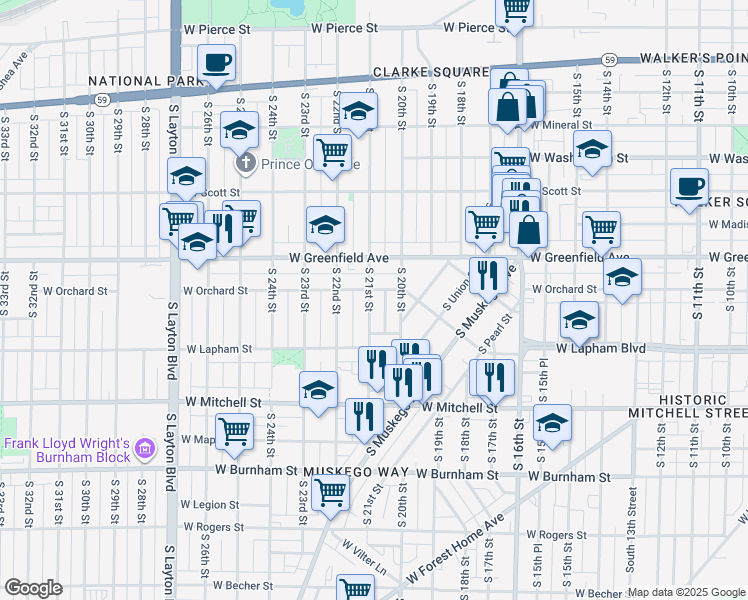 map of restaurants, bars, coffee shops, grocery stores, and more near 1514-1516 South 21st Street in Milwaukee