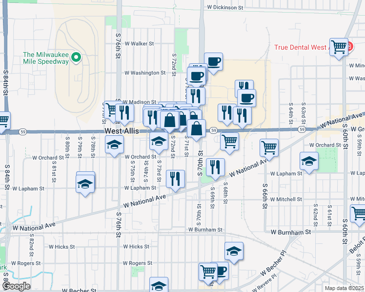 map of restaurants, bars, coffee shops, grocery stores, and more near 1450 South 72nd Street in West Allis