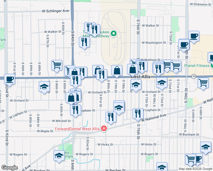 map of restaurants, bars, coffee shops, grocery stores, and more near 1446 South 81st Street in West Allis