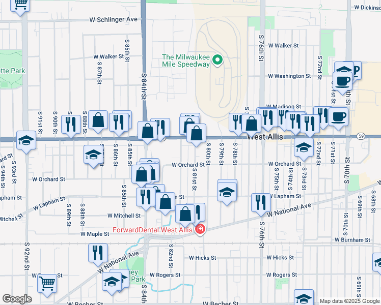 map of restaurants, bars, coffee shops, grocery stores, and more near 1444 South 82nd Street in West Allis