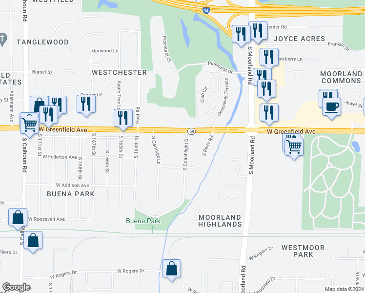 map of restaurants, bars, coffee shops, grocery stores, and more near 1480 South Coachlight Drive in New Berlin