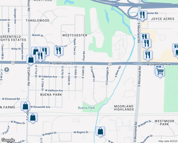 map of restaurants, bars, coffee shops, grocery stores, and more near 1483 South Carriage Lane in New Berlin