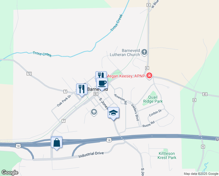 map of restaurants, bars, coffee shops, grocery stores, and more near 102 Arneson Road in Barneveld