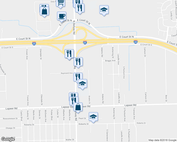 map of restaurants, bars, coffee shops, grocery stores, and more near 1101 Brabbs Street in Burton