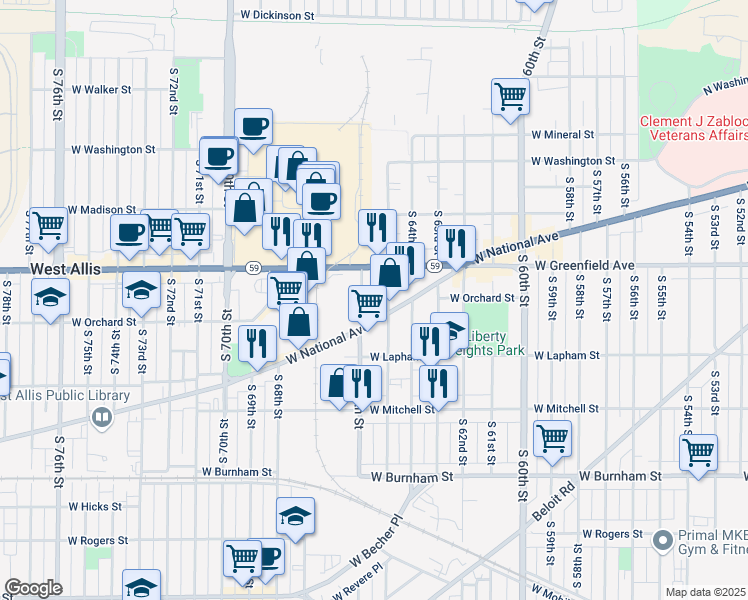 map of restaurants, bars, coffee shops, grocery stores, and more near 6516 West National Avenue in West Allis