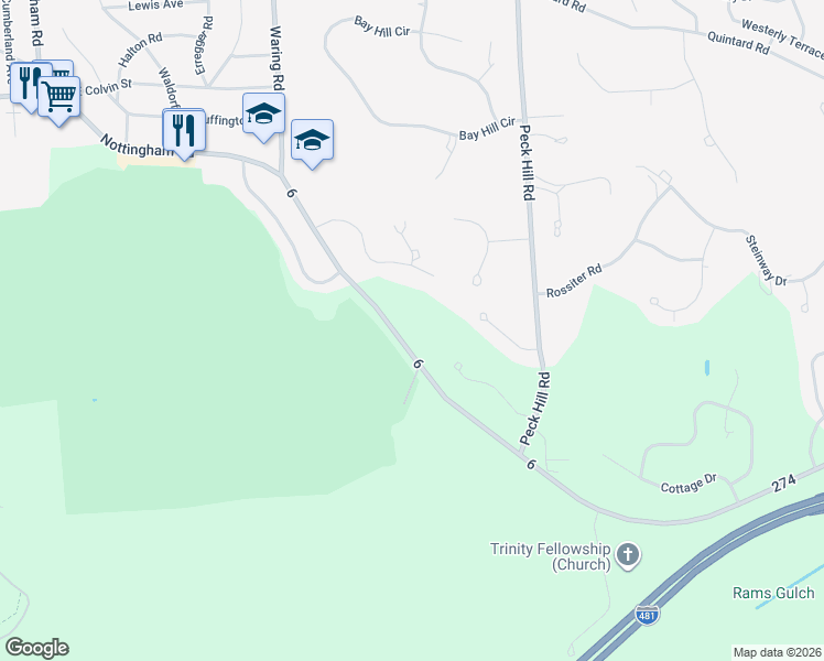 map of restaurants, bars, coffee shops, grocery stores, and more near 1081 Nottingham Road in Jamesville