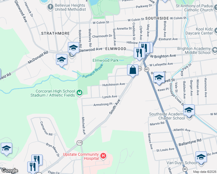 map of restaurants, bars, coffee shops, grocery stores, and more near 214 Fletcher Avenue in Syracuse