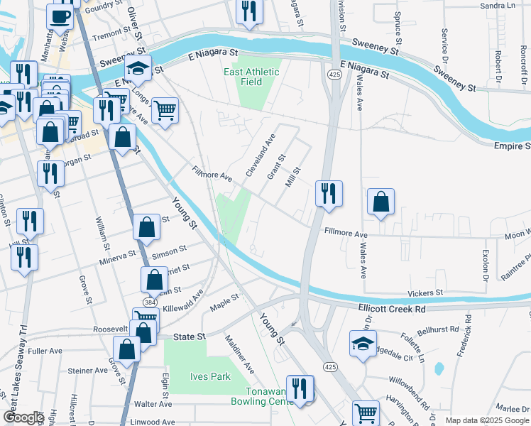 map of restaurants, bars, coffee shops, grocery stores, and more near 4 Peuquet Parkway in Tonawanda