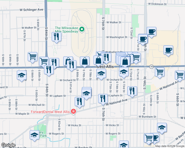 map of restaurants, bars, coffee shops, grocery stores, and more near 1452 South 78th Street in West Allis