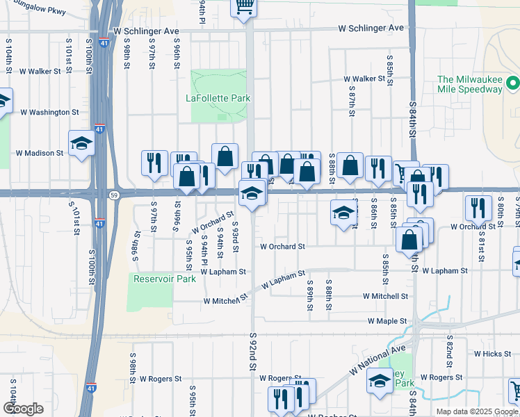 map of restaurants, bars, coffee shops, grocery stores, and more near 1422 South 92nd Street in West Allis