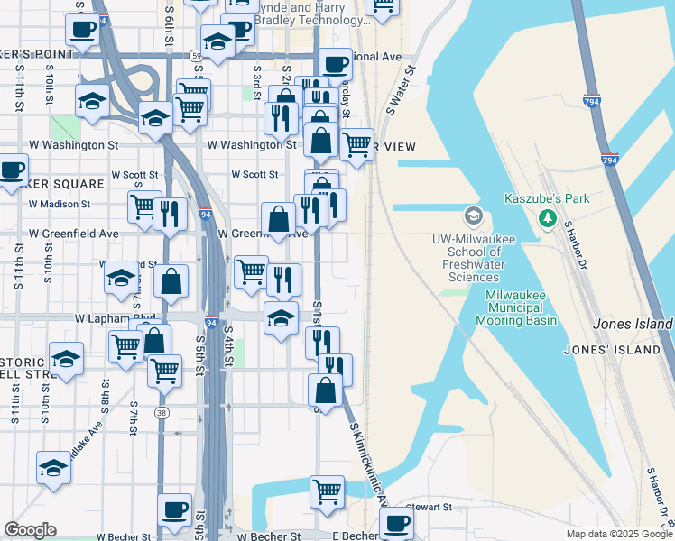 map of restaurants, bars, coffee shops, grocery stores, and more near 129 East Orchard Street in Milwaukee