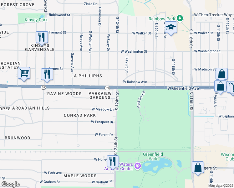 map of restaurants, bars, coffee shops, grocery stores, and more near 1423 South 124th Street in New Berlin