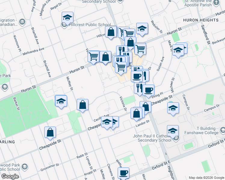 map of restaurants, bars, coffee shops, grocery stores, and more near 1281 Victoria Drive in London