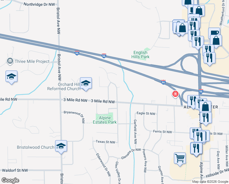 map of restaurants, bars, coffee shops, grocery stores, and more near 2833 Valley Avenue Northwest in Grand Rapids