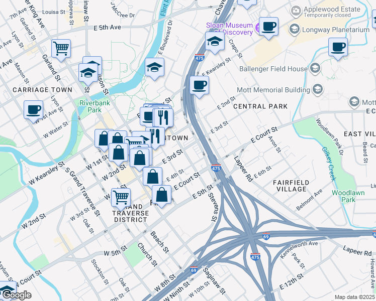 map of restaurants, bars, coffee shops, grocery stores, and more near 402 East 3rd Street in Flint