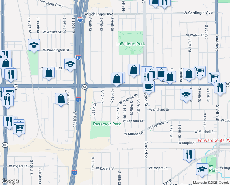 map of restaurants, bars, coffee shops, grocery stores, and more near 1443 South 96th Street in West Allis