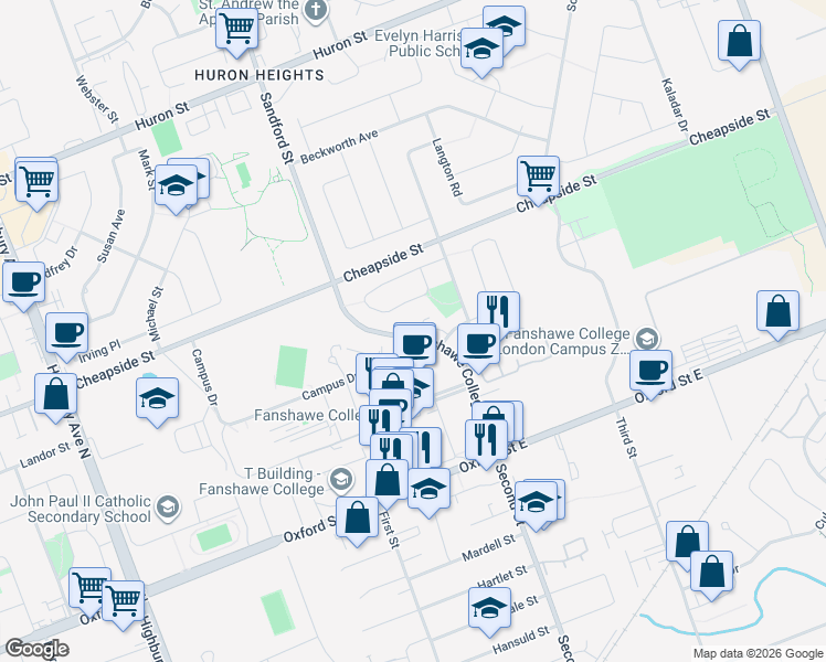 map of restaurants, bars, coffee shops, grocery stores, and more near 190 Fleming Drive in London