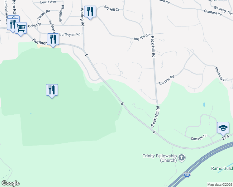 map of restaurants, bars, coffee shops, grocery stores, and more near 1081 Nottingham Road in Jamesville