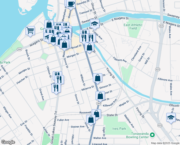 map of restaurants, bars, coffee shops, grocery stores, and more near 124 Delaware Street in Tonawanda
