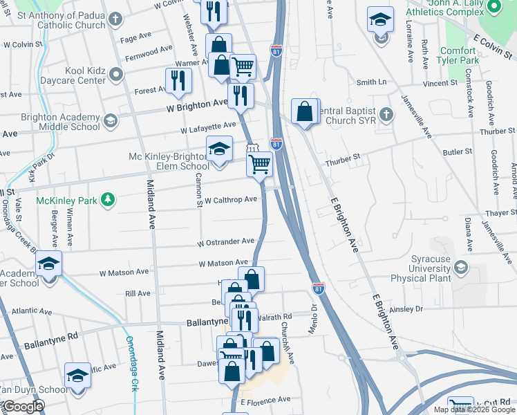 map of restaurants, bars, coffee shops, grocery stores, and more near 3330 South Salina Street in Syracuse