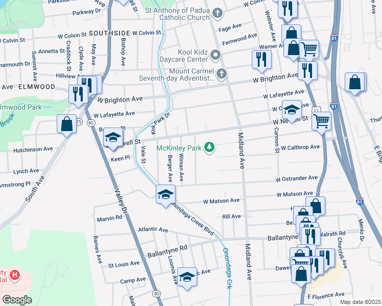map of restaurants, bars, coffee shops, grocery stores, and more near 161 Kenmore Avenue in Syracuse