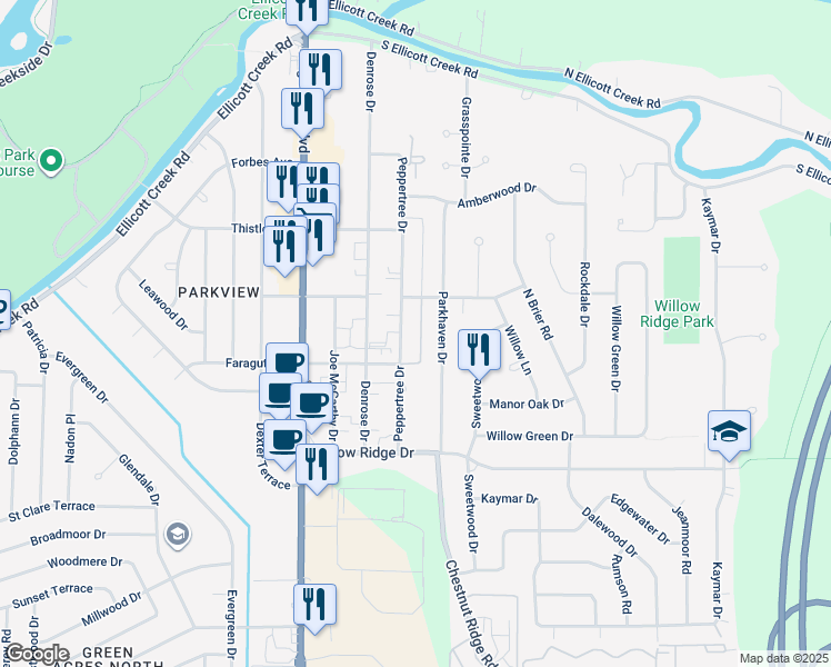 map of restaurants, bars, coffee shops, grocery stores, and more near 93-149 Peppertree Drive in Buffalo