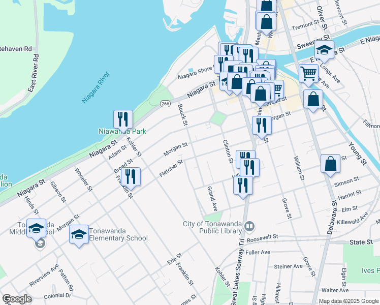 map of restaurants, bars, coffee shops, grocery stores, and more near 286 Fletcher Street in Tonawanda