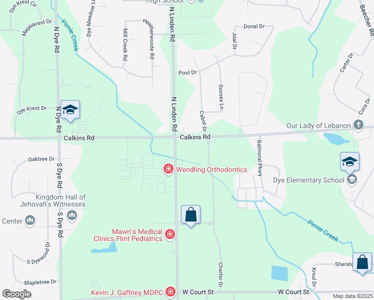 map of restaurants, bars, coffee shops, grocery stores, and more near 4495 Calkins Road in Flint
