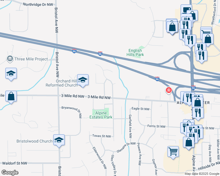 map of restaurants, bars, coffee shops, grocery stores, and more near 2833 Valley Avenue Northwest in Grand Rapids