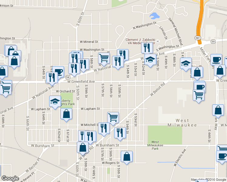 map of restaurants, bars, coffee shops, grocery stores, and more near 1510 South 56th Street in West Milwaukee