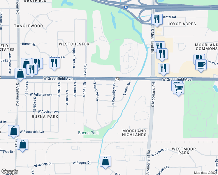 map of restaurants, bars, coffee shops, grocery stores, and more near 1480 South Coachlight Drive in New Berlin