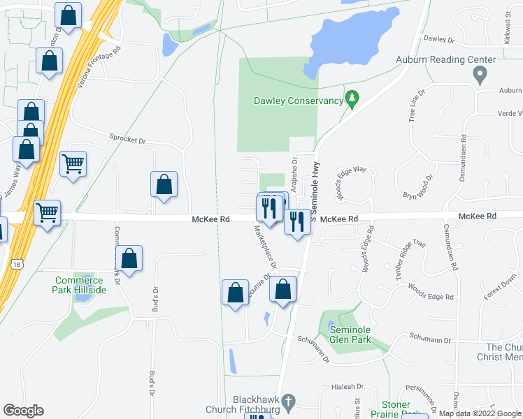 map of restaurants, bars, coffee shops, grocery stores, and more near 2977 Pineway Trail in Fitchburg