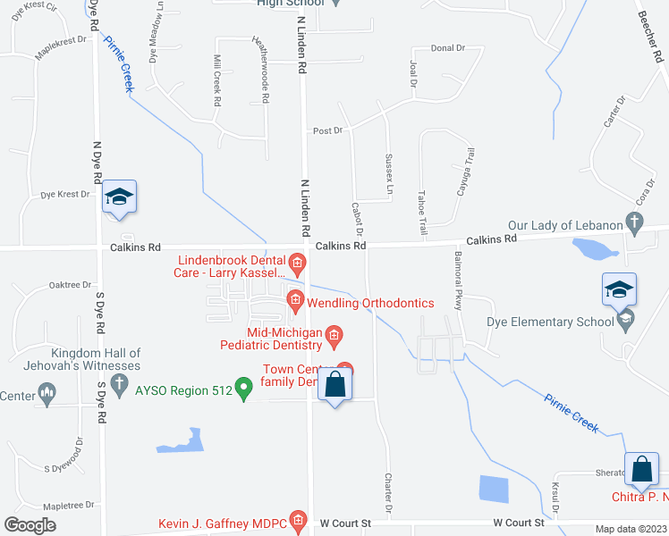 map of restaurants, bars, coffee shops, grocery stores, and more near 4495 Calkins Road in Flint