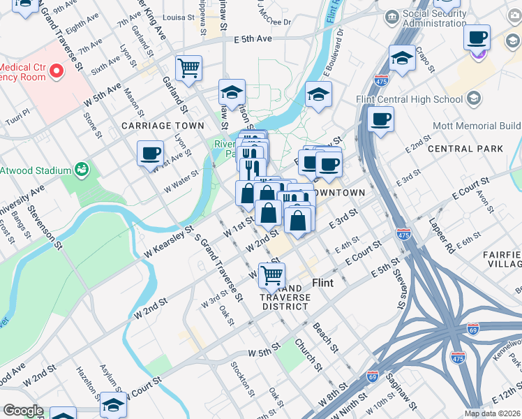 map of restaurants, bars, coffee shops, grocery stores, and more near 510 Saginaw Street in Flint