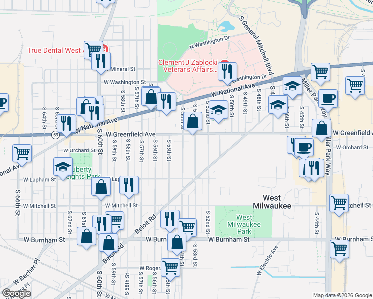 map of restaurants, bars, coffee shops, grocery stores, and more near 1459 South 53rd Street in West Milwaukee
