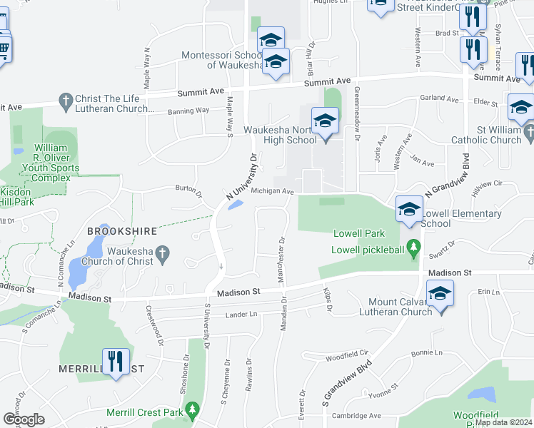 map of restaurants, bars, coffee shops, grocery stores, and more near 209 Manchester Drive in Waukesha