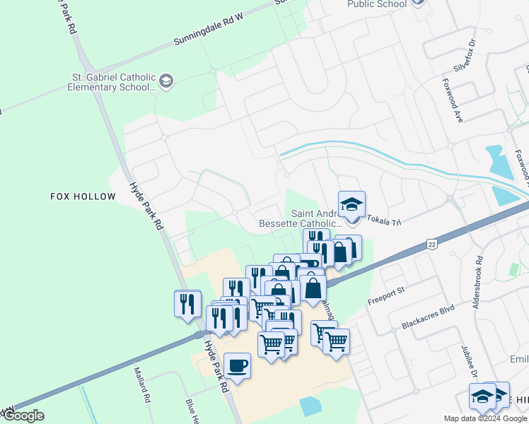 map of restaurants, bars, coffee shops, grocery stores, and more near 2910 Tokala Trail in London