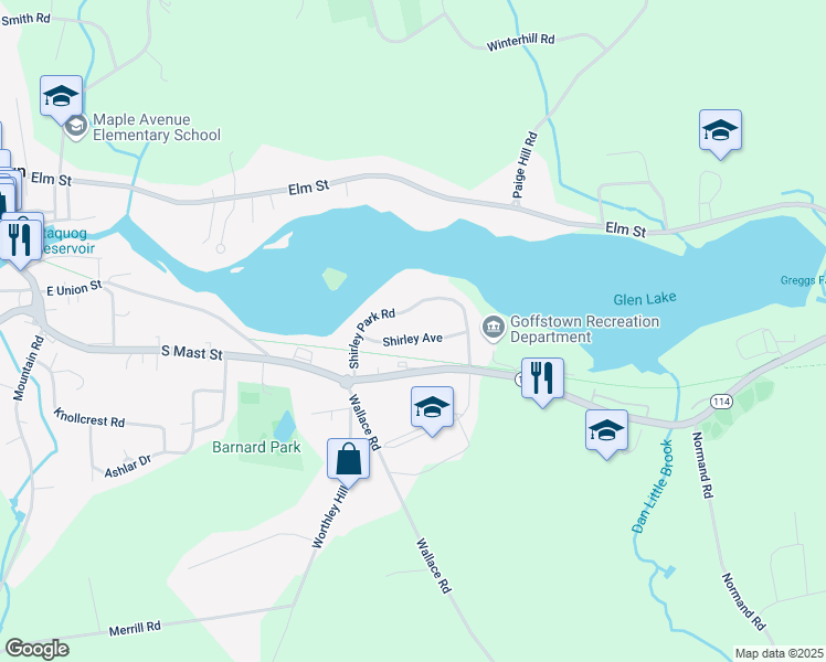map of restaurants, bars, coffee shops, grocery stores, and more near 1019 Shirley Avenue in Goffstown
