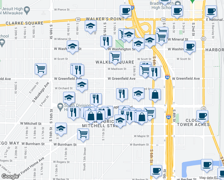 map of restaurants, bars, coffee shops, grocery stores, and more near 1507 South 10th Street in Milwaukee