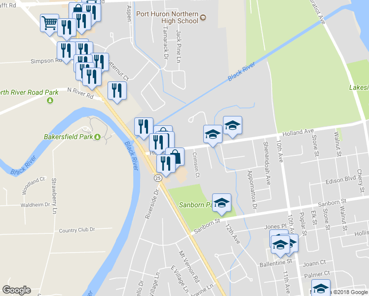map of restaurants, bars, coffee shops, grocery stores, and more near 1617 Holland Ave in Port Huron