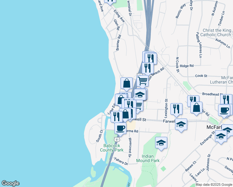 map of restaurants, bars, coffee shops, grocery stores, and more near 5728 Lake Edge Road in McFarland