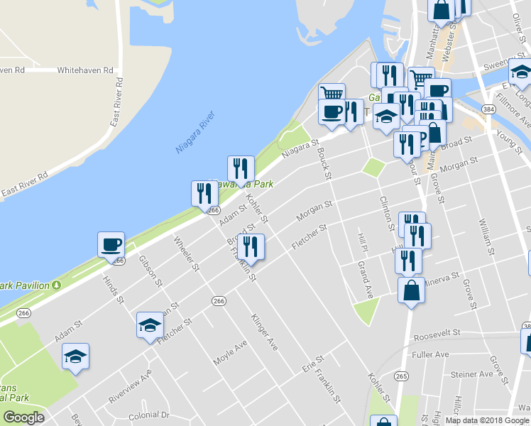 map of restaurants, bars, coffee shops, grocery stores, and more near 43 Kohler Street in Tonawanda
