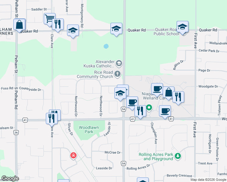 map of restaurants, bars, coffee shops, grocery stores, and more near 41 Poplar Crescent in Welland
