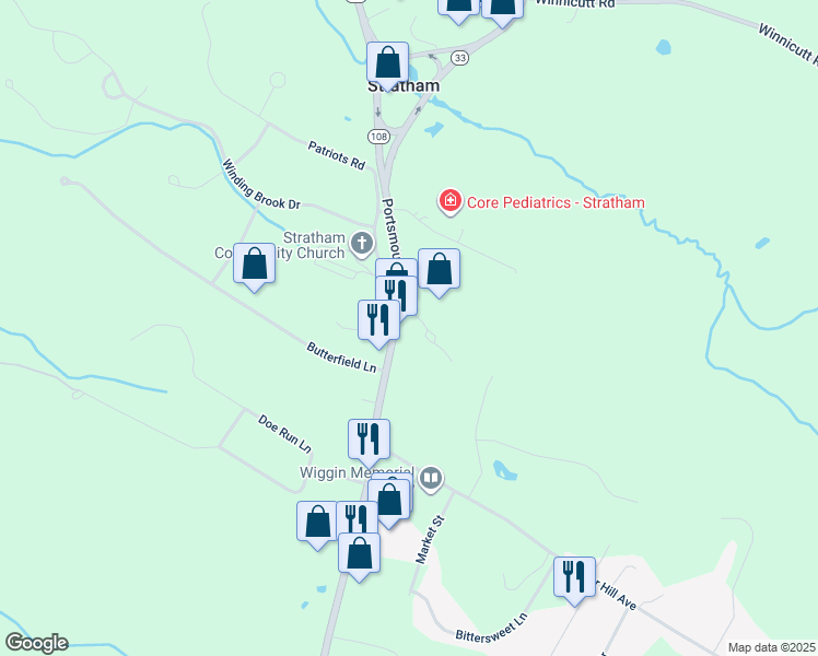 map of restaurants, bars, coffee shops, grocery stores, and more near 102R Portsmouth Avenue in Stratham