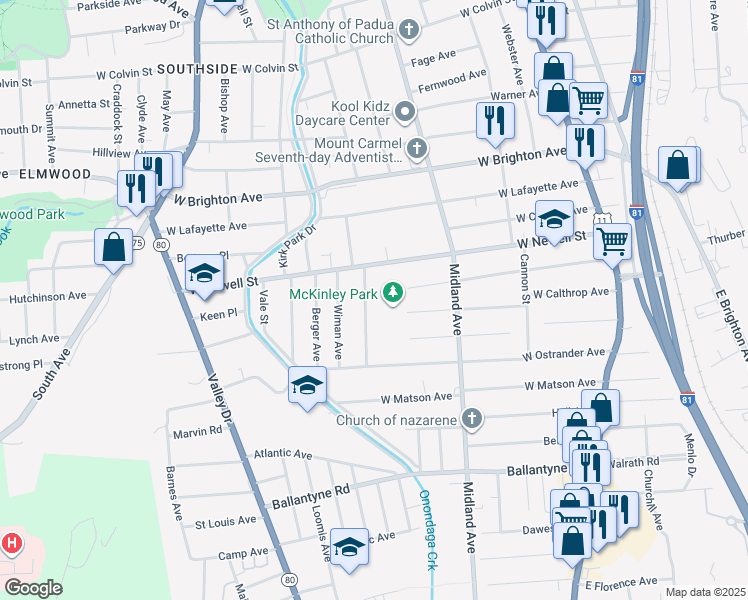 map of restaurants, bars, coffee shops, grocery stores, and more near 161 Kenmore Avenue in Syracuse