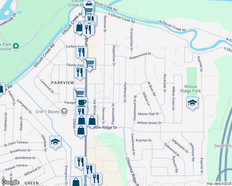 map of restaurants, bars, coffee shops, grocery stores, and more near 93-149 Peppertree Drive in Buffalo